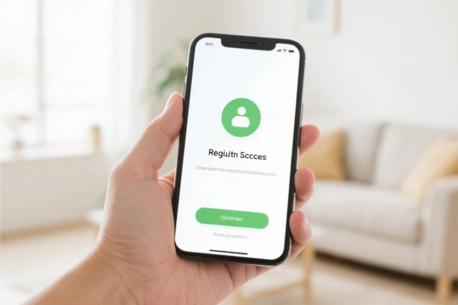 手机界面显示注册成功提示，用户手握手机，脸上露出满意微笑，背景为明亮的家居环境