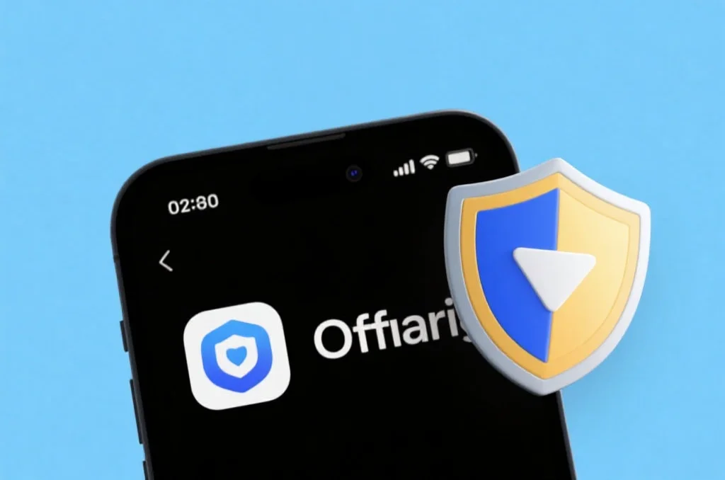 手机屏幕上显示官方应用标志，旁边有防护盾牌图案，象征安全下载，背景为简洁蓝色